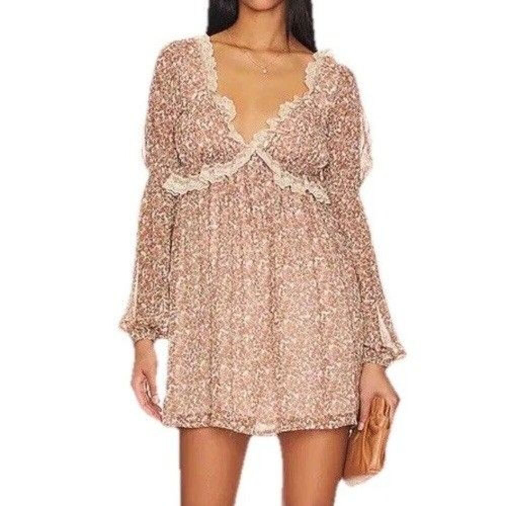 Free People Womens Beige Pennie Floral Ruffle Long Sleeve Mini Dress Size S - Picture 1 of 14